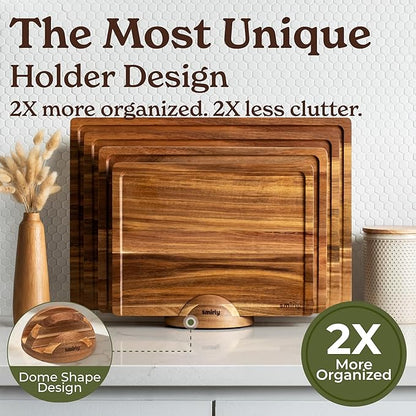 SMIRLY Acacia Wood Cutting Boards for Kitchen - Wood Cutting Board for Meal Prep, Serving, Charcuterie - Kitchen Gadgets, House Warming Gifts - Wooden Chopping Board Set of 4 with Holder