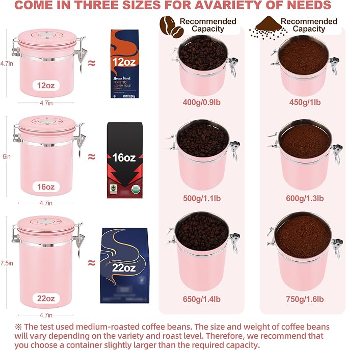 ShanSon Coffee Canister Airtight, Stainless Steel Bean Storage Container with Date Tracker & Scoop, Grounds Sugar Flour Tea Cereal Fits Kitchen Pantry, Ideal Gift for Coffee Lovers,22oz, Pink