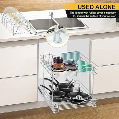 FULGENTE Professional Pull Out Cabinet Organizer Rack for Lid Cookware 14" W x 18" D 2 Tier Slide Out Kitchen Cupboard Under Sink Shelves Storage Pullout Pan Pot Organizer Wire Frame Chrome Finish