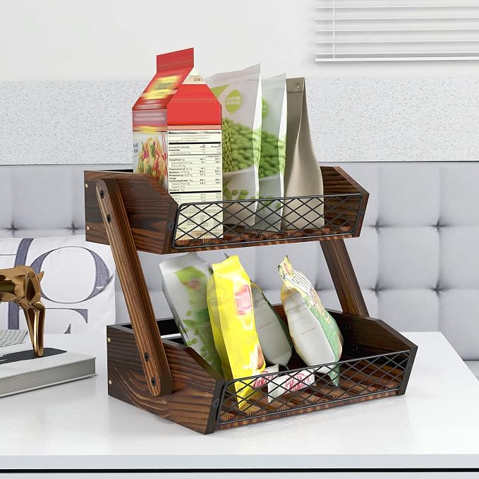 Dorhors Fruit Basket for Kitchen,Fruit Bowl,Kitchen Counter Organizer,Wooden Vegetable Holder for Countertop,Bread Storage Basket Stand(2 Tier)
