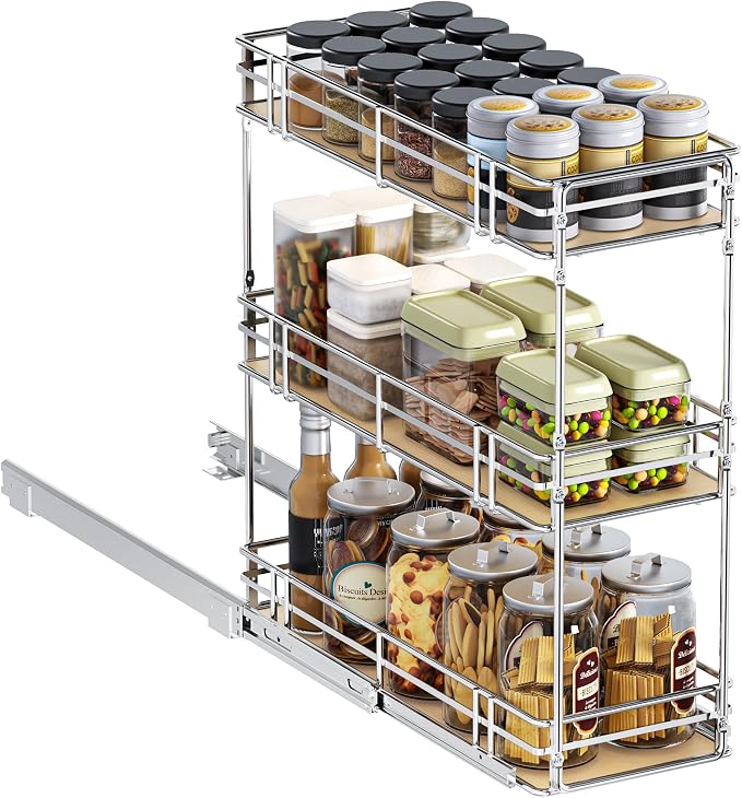 9" W x 20.5" D 3-Tier Pull Out Spice Rack Organizer, Solid Wood Base Slide Out Cabinet Shelf for Narrow Kitchen Cabinets, Chrome Pantry Storage