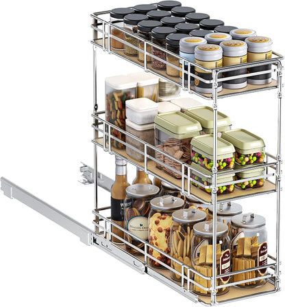 9" W x 20.5" D 3-Tier Pull Out Spice Rack Organizer, Solid Wood Base Slide Out Cabinet Shelf for Narrow Kitchen Cabinets, Chrome Pantry Storage