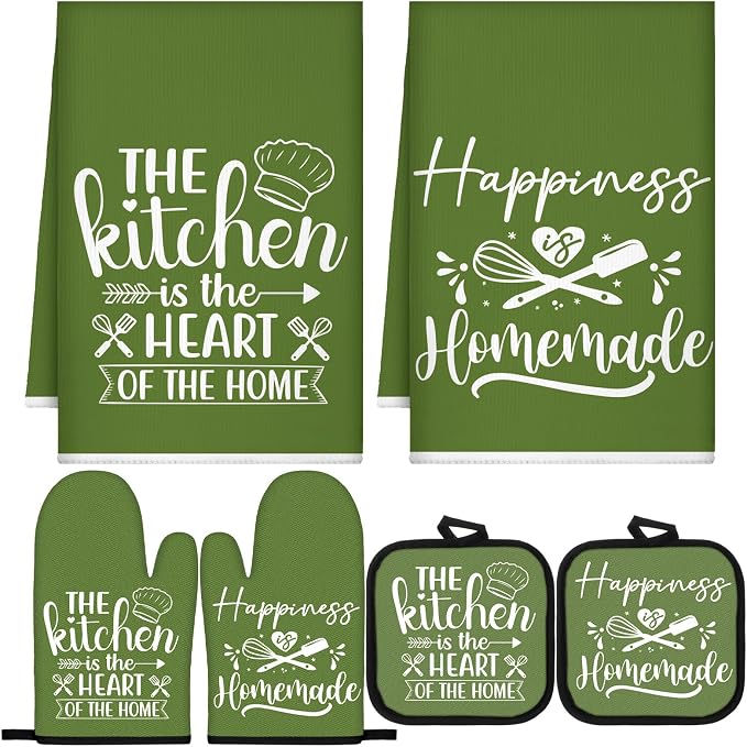 Sratte 6 Pcs Kitchen Decor Accessories Set Farmhouse Towels Pot Holders Oven Mitts Set 2 Dish Towels 2 Potholders 2 Cooking Mittens Oven Glove for Christmas Baking Cooking(Avocado Green,Kitchen)
