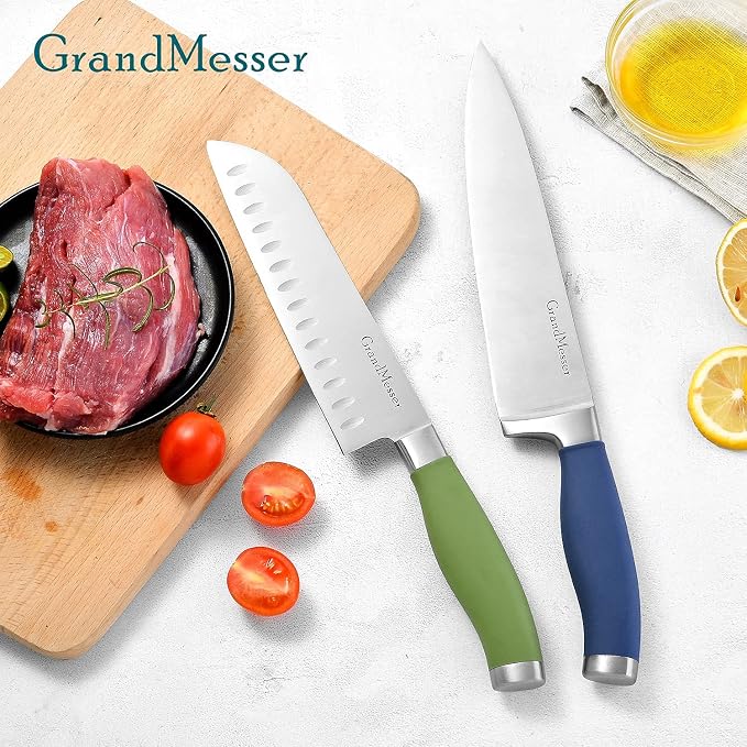 Kitchen Knives, 2 Piece Ultra Sharp 8 inch Chef Knife and 7 inch Santoku Knife, German Carbon Stainless Steel Forging Cooking knife Set, with Ergonomic Handle and Gift Box