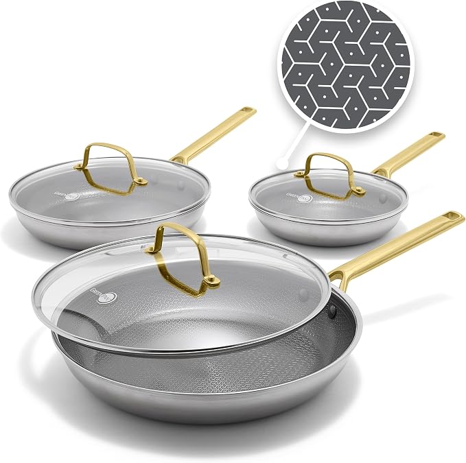 GreenPan Hybrid 6-Piece Frying Pan Set (8, 10, 12-inch Skillets with Glass Lids), Ceramic Nonstick with Tri-Ply Stainless Steel, Induction & All Cooktop Compatible, Dishwasher & Oven Safe, Gold