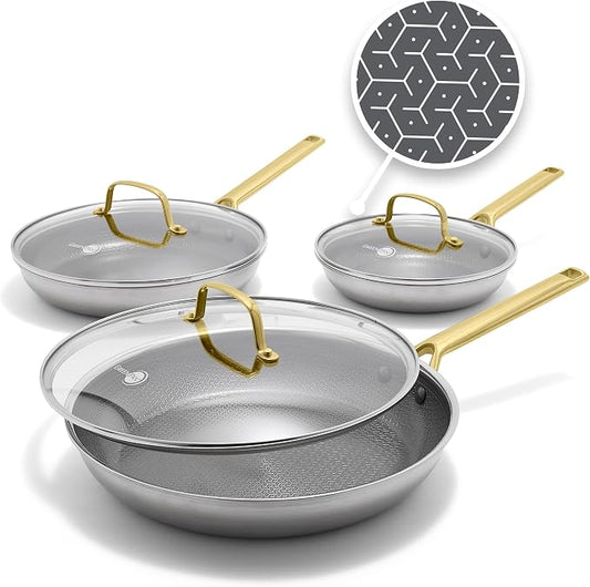 GreenPan Hybrid 6-Piece Frying Pan Set (8, 10, 12-inch Skillets with Glass Lids), Ceramic Nonstick with Tri-Ply Stainless Steel, Induction & All Cooktop Compatible, Dishwasher & Oven Safe, Gold