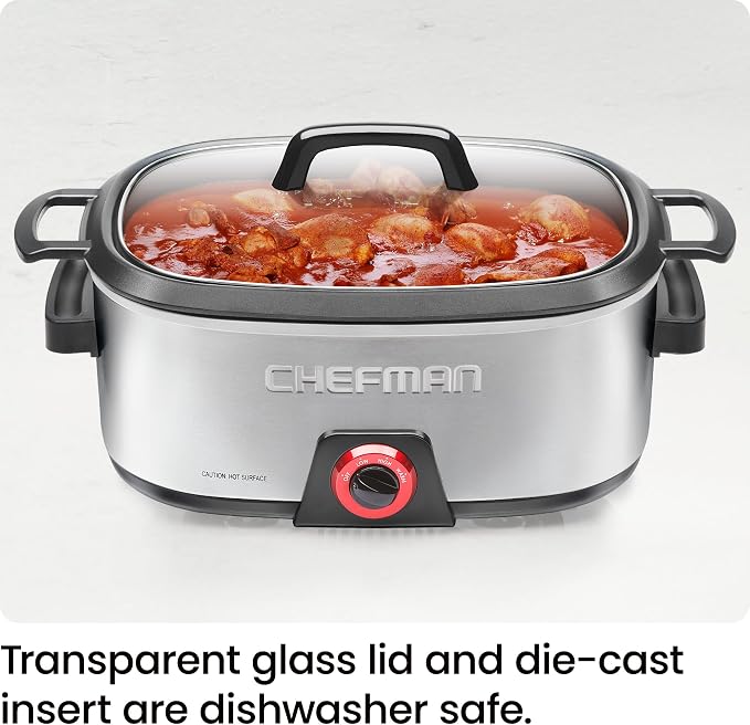 Chefman 6-Quart Slow Cooker, Electric Countertop Cooking, Stovetop & Oven-Safe Removable Insert for Browning & Sautéing, Family-Size Soups & Stews, Nonstick & Dishwasher-Safe Interior,Stainless Steel