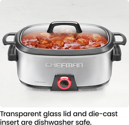 Chefman 6-Quart Slow Cooker, Electric Countertop Cooking, Stovetop & Oven-Safe Removable Insert for Browning & Sautéing, Family-Size Soups & Stews, Nonstick & Dishwasher-Safe Interior,Stainless Steel