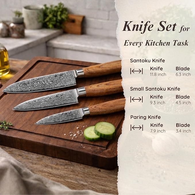 Wakoli 3-Piece Damascus Knife Set – Edib Pro Series with Wooden Gift Box – Kitchen Knife with VG10 Steel Core, 2 Santoku Knives & Paring Knife