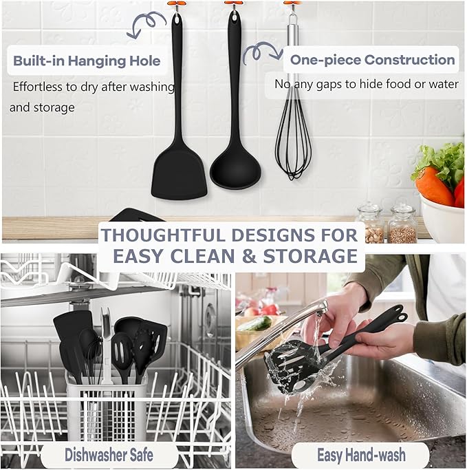 TeamFar Silicone Cooking Utensils, 10 pcs Kitchen Cooking Utensils Set, 446°F Heat Resistant Kitchen Gadgets Tools Set w/Spatula, Turners, Spoons, Soup Ladle, Pasta Server for Nonstick Cookware, Black