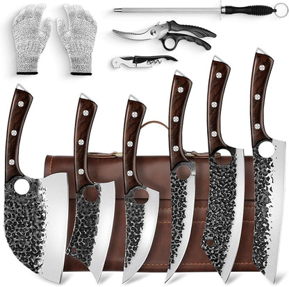DRGSKL Serbian Chef Knife Set - Hand Forged Knife Set with Bag - Full Tang Kitchen Knives with High Carbon Steel - Meat Cleaver Butcher Boning Knives for Brisket Trimming - Gifts for Men and Women