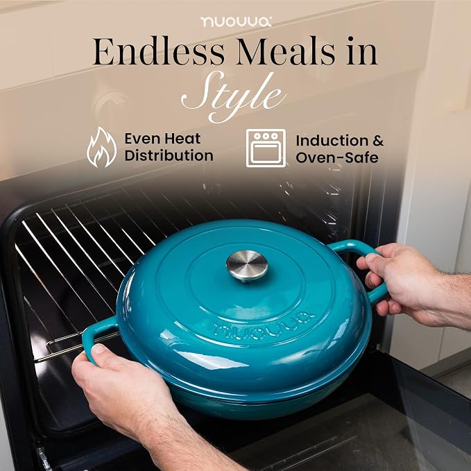 Shallow Cast Iron Casserole with Lid – Non Stick Dutch Oven Pot, Oven Safe up to 500° F – Sturdy Ovenproof Stockpot Cookware – Enamelled Cooking Pot – Teal, 5-Quart, 32cm – by Nuovva