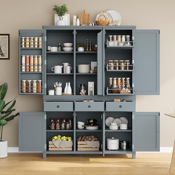 74.8''H High Freestanding Kitchen Pantry, Wooden Kitchen Organizers Cupboard Storage Cabinet with Door Shelves, Adjustable Shelves, Pull-out Trays and Drawers for Dining Room Living Room (Gray-2.12)
