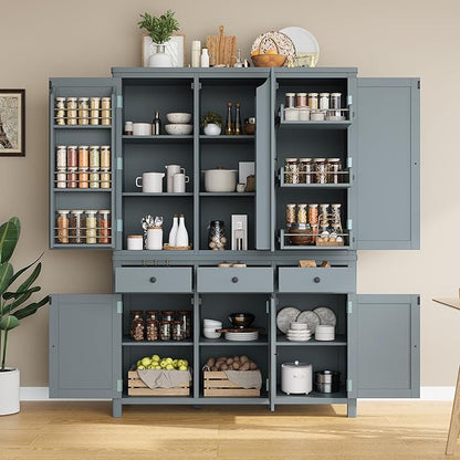 74.8''H High Freestanding Kitchen Pantry, Wooden Kitchen Organizers Cupboard Storage Cabinet with Door Shelves, Adjustable Shelves, Pull-out Trays and Drawers for Dining Room Living Room (Gray-2.12)