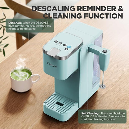 Tastyle 330MF Single Serve Coffee Maker with Built-in Detachable Milk Frother, Iced and Hot Coffee Machine for K Cup & Grounds, 40oz Removable Water Reservoir, 6 Cup Sizes, Fits 7.3" Travel Mug, Teal