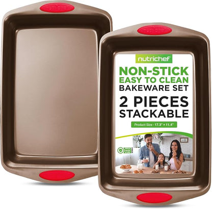 NutriChef 2-Piece Nonstick Baking Pan Set – Carbon Steel Cookie Sheet w/Red Silicone Grip Handles – Durable, Heavy-Duty Bakeware for Even Heat Distribution – Oven Safe, Easy Cleanup – Golden