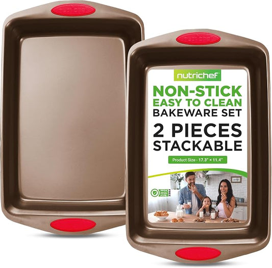 NutriChef 2-Piece Nonstick Baking Pan Set – Carbon Steel Cookie Sheet w/Red Silicone Grip Handles – Durable, Heavy-Duty Bakeware for Even Heat Distribution – Oven Safe, Easy Cleanup – Golden