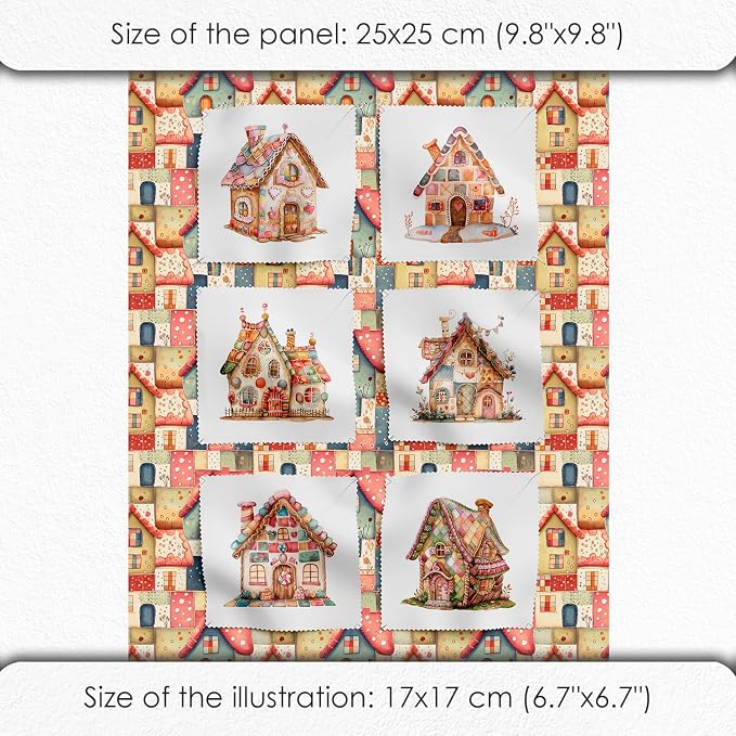 Patchwork Fairy Cottage Cotton Fabric Panel – 6 Designs (10×10 inch Each) + Bonus Sheet 29.5×19.6 inch, 100% Cotton 140 GSM, Made in Türkiye