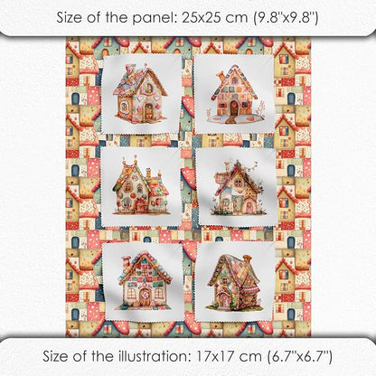 Patchwork Fairy Cottage Cotton Fabric Panel – 6 Designs (10×10 inch Each) + Bonus Sheet 29.5×19.6 inch, 100% Cotton 140 GSM, Made in Türkiye