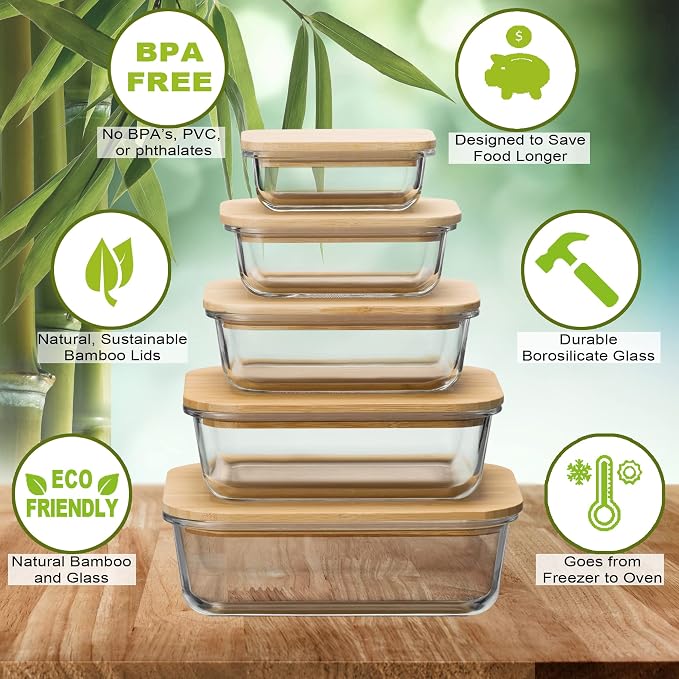 Glass Food Storage Containers with Bamboo Lids Eco-Friendly, set of 5, Airtight, Pantry Organization, Meal Prep Glass Containers. Plastic Free. BPA Free. Microwave Oven Dishwasher and Freezer Safe