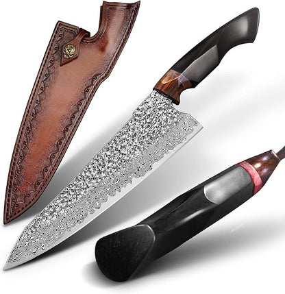 Japanese Professional Chef Knife,8.5in Handmade Damascus Steel VG10 Core Blade,Ebony Wood Handle,Cutting Cooking Gyuto Knives with Sheath for Kitchen