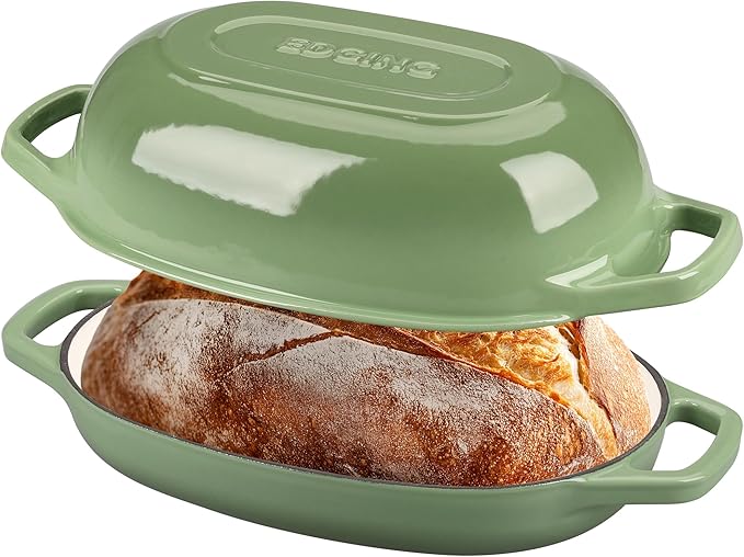 EDGING CASTING Enameled Cast Iron Oval Dutch Oven Pot with Lid, Dutch Oven for Sourdough Bread Baking, Bread Oven, Bread Dutch Oven, Oval Bread Pan, 5qt, Pistachio Green