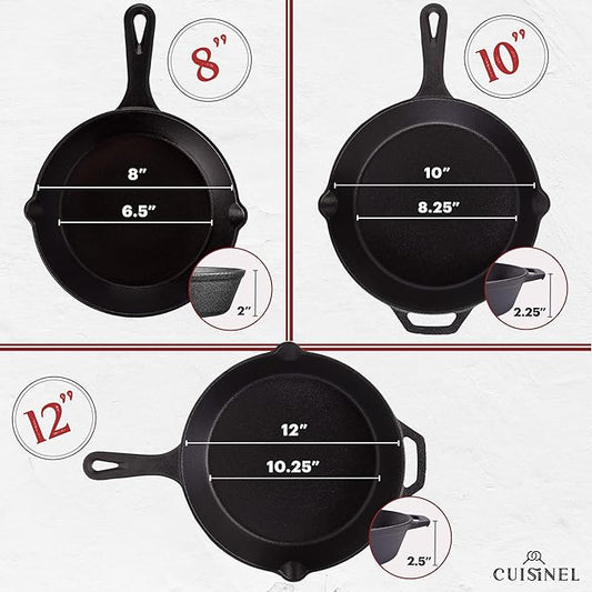 Cuisinel Cast Iron Skillet Set - 8" + 10" + 12"-Inch Pre-Seasoned Frying Pans + Silicone Handle Grip Covers - Indoor/Outdoor, Oven, Grill, Stove, BBQ, Fire, Induction Safe Kitchen and Camping Cookware