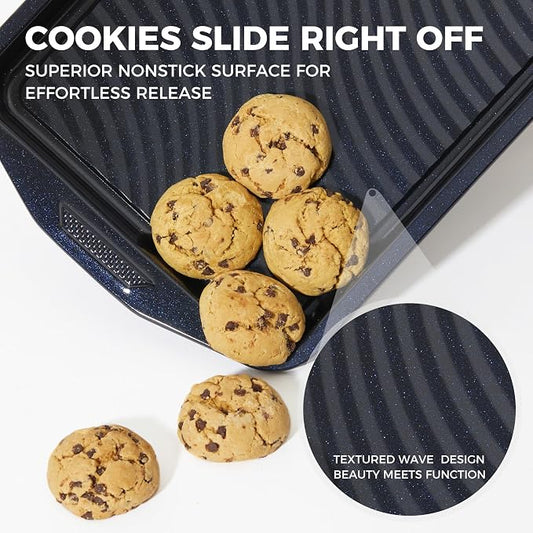 HONGBAKE 9-Piece Nonstick Bakeware Set, Wave Texture for Easy Release, 0.8mm Thick Non-Toxic Baking Pans Set, Includes Stackable Cookie Sheets, Shimmer Blue