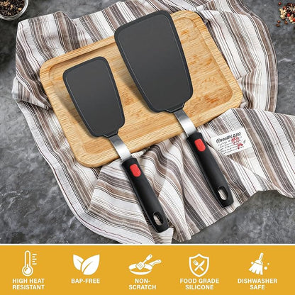 2Pack Flexible Silicone Spatula Turner, Heat Resistant Silicone Turner for Non-Stick Cookware, BPA-Free Kitchen Spatula Utensils, Ideal for Flipping Eggs, Burgers, Pancakes, Black