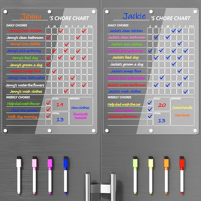 Neatsure Acrylic Magnetic Chore Chart for 2 Kids, Clear Chores Chart for Fridge Refrigerator, Weekly Dry Erase Board for Multiple Kids Teens Adults, w/ 8 Colors Markers, 15"x11"