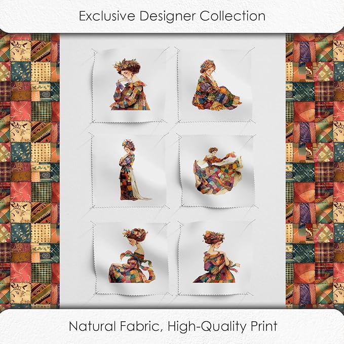 Elegant Lady Patchwork Cotton Fabric Panel – 6 Designs (10×10 inch Each) + Bonus Patchwork Sheet 29.5×19.6 inch, 100% Cotton 140 GSM