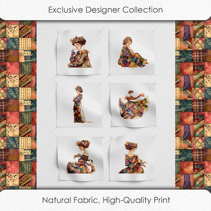 Elegant Lady Patchwork Cotton Fabric Panel – 6 Designs (10×10 inch Each) + Bonus Patchwork Sheet 29.5×19.6 inch, 100% Cotton 140 GSM
