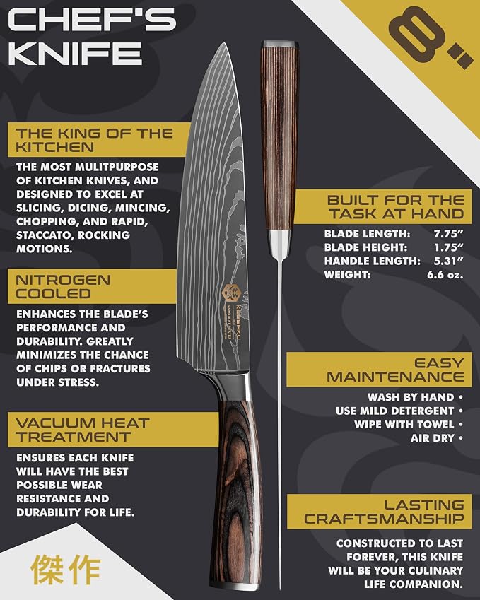 KESSAKU Chef Knife - 8 inch - Samurai Series - Razor Sharp Kitchen Knife - Forged 7Cr17MoV High Carbon Stainless Steel - Wood Handle with Blade Guard