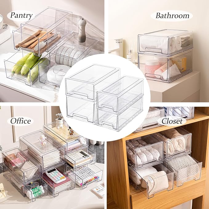 Clear Acrylic Stackable Storage Drawers, Plastic Refrigerator Organizer Bins with Handles for Undersink, Cabinet, Fridge, Closet, Pantry, Office, Bathroom, Kitchen(2 Pack)