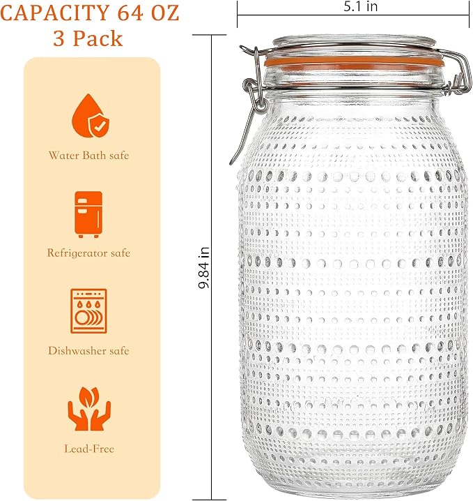 WACOI 64 Oz Glass Mason Jars with Airtight Lids3 Pack, Half Gallon Wide Mouth Canning Jars with Clip Top Lids for Kitchen Storage Pickling Salad Jams Coffee Beans