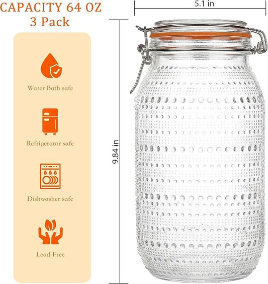 WACOI 64 Oz Glass Mason Jars with Airtight Lids3 Pack, Half Gallon Wide Mouth Canning Jars with Clip Top Lids for Kitchen Storage Pickling Salad Jams Coffee Beans