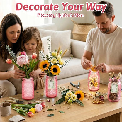 Pink Mason Jars 32 oz with Stainless Steel Leakproof Lids, 2 Pack Wide Mouth Colored Glass Jars for DIY Crafts, Wedding Centerpieces, Home Decor, Flower Vase, Bathroom Storage