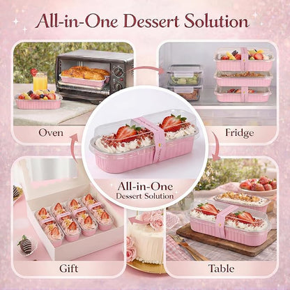 YQER 60 Pack Mini Cake Pans with Lids and Spoons, 6.8 oz Pink Disposable Aluminum Foil Mini Loaf Pans with Stickers, Individual Small Dessert Cake Tins Containers for Baby Showers, Birthdays, Gifts