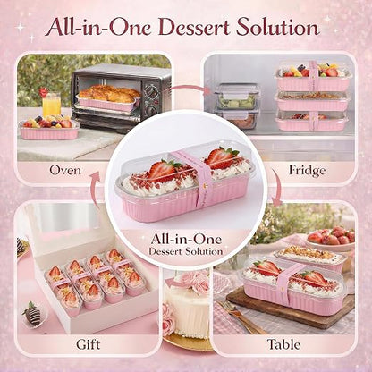 YQER Mini Loaf Pans with Lids for Baking Bread Disposable, 50Pcs 6.8oz Mini Cake Pans with Lids and Spoons Pink Sticker & 30Pcs 10oz Square Aluminum Pans Kit, Dessert Foil Baking Cupcake Tins