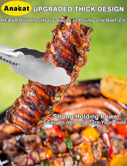 Anaeat Premium Stainless Steel Kitchen Tong, 12" Sturdy Coiled Spring Locking Food Tong with Non-Slip Silicone Grip for Cooking, Baking, Grilling, BBQ - Heat Resistant up to 480°F (Black)