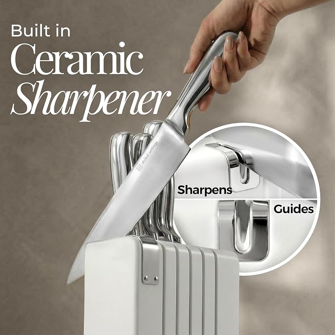 Magnetic Knife Set with Sharpener - Space Saving Convertible In Drawer Knife Block with Stainless Steel Kitchen Knives - Knife Drawer Organizer, German Steel Knife Set