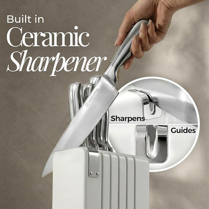 Magnetic Knife Set with Sharpener - Space Saving Convertible In Drawer Knife Block with Stainless Steel Kitchen Knives - Knife Drawer Organizer, German Steel Knife Set