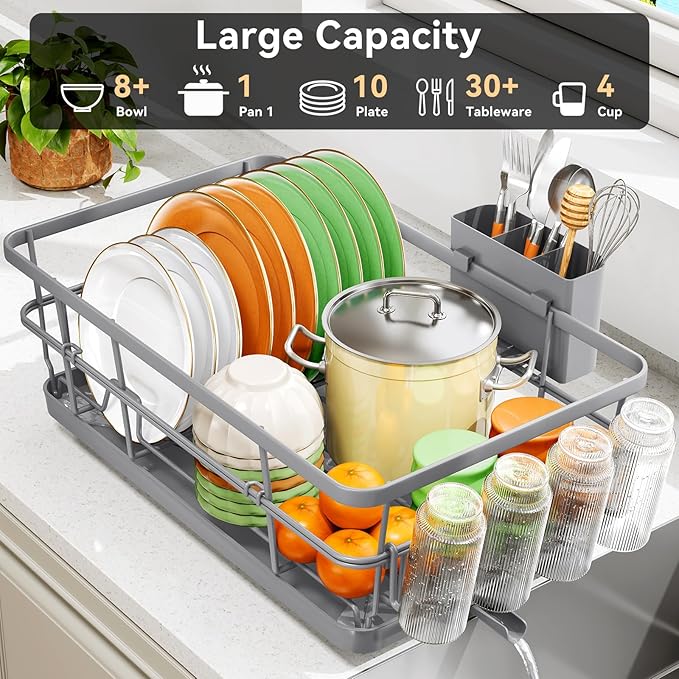 TOOLF Dish Drying Rack, Dish Racks for Kitchen Counter, Stainless Steel Sink Organization and Storage Essentials with Cutlery Holder, Dish Drainer, Home and Apartment Decor, 12.4''W x 16.5''L, Gray