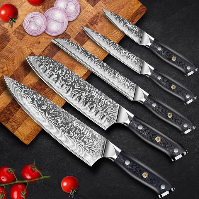 MOSFiATA Damascus Chef Knife Set 5PCS-Professional Sharp High Carbon VG10 Stainless Steel Kitchen Knife with Finger Guard, Knife Sharpener Rod Gift