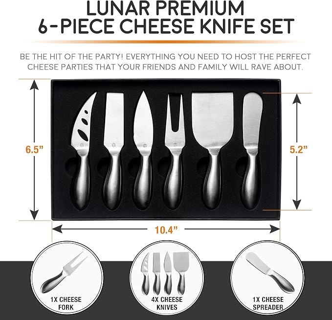 Lunar 6-Piece Cheese Knife Set - Premium Stainless Steel Cheese Knives Collection - Charcuterie Board Accessories Gift Ready w/ 15 Festive Recipes