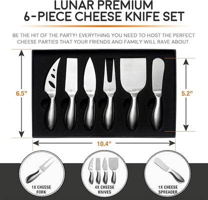 Lunar 6-Piece Cheese Knife Set - Premium Stainless Steel Cheese Knives Collection - Charcuterie Board Accessories Gift Ready w/ 15 Festive Recipes