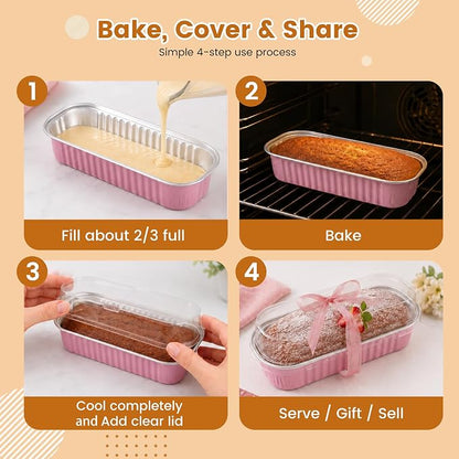 50 Pack Mini Loaf Pans with Lids Rectangle Individual Cake Pans Aluminum Foil Pans for Large Gatherings Picnics Vacations Parties, Graduation Gifts Party Favors(Pink, 6.8 OZ)