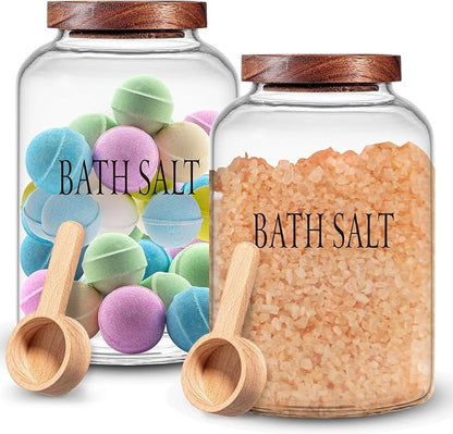 SiliFine 1 Sets 74 oz Glass Bath Salts Jar with Wooden Scoop and Lid, Bath Salt Container for Bathroom Organizers and Storage, Bathtub Accessories for Women Bathroom, Home Decor