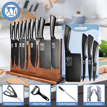 XYJ Professional Knife Sets for Master Chefs,Meat Cleaver Butcher for Camping,Chef Knife Set with Magnetic Knife Block,Stainless Steel Kitchen Knives Tools Kit