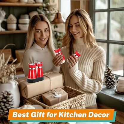 Red Salt and Pepper Shakers Set with Holder,4 oz Cute Christmas ktichen Decor and Accessories Theme Set Home Essentials Housewarming Gifts Refillable Design (Red)